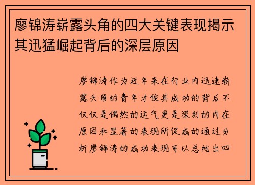 廖锦涛崭露头角的四大关键表现揭示其迅猛崛起背后的深层原因 廖锦涛崭露头角的四大关键表现揭示其迅猛崛起背后的深层原因